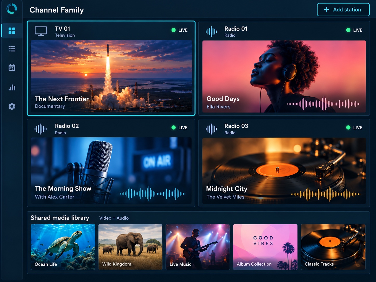 Channel Family — one TV channel and a family of radio stations running from a shared media library