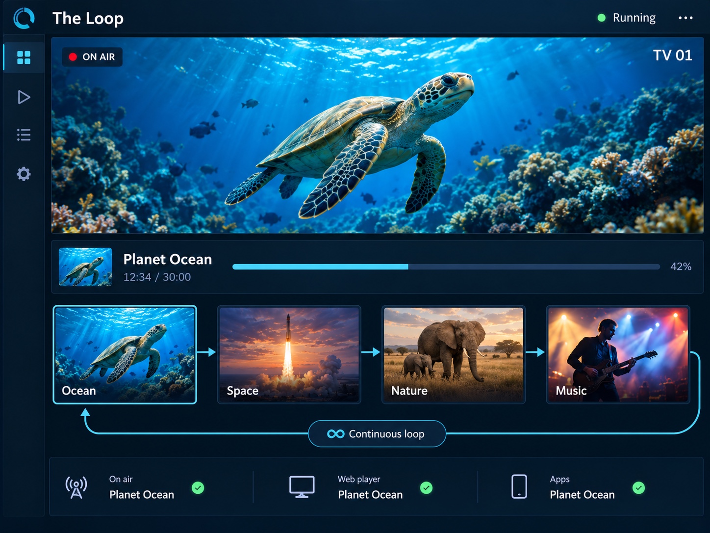 The Loop — a continuous broadcast with live now-playing mirrored across air, web player, and apps