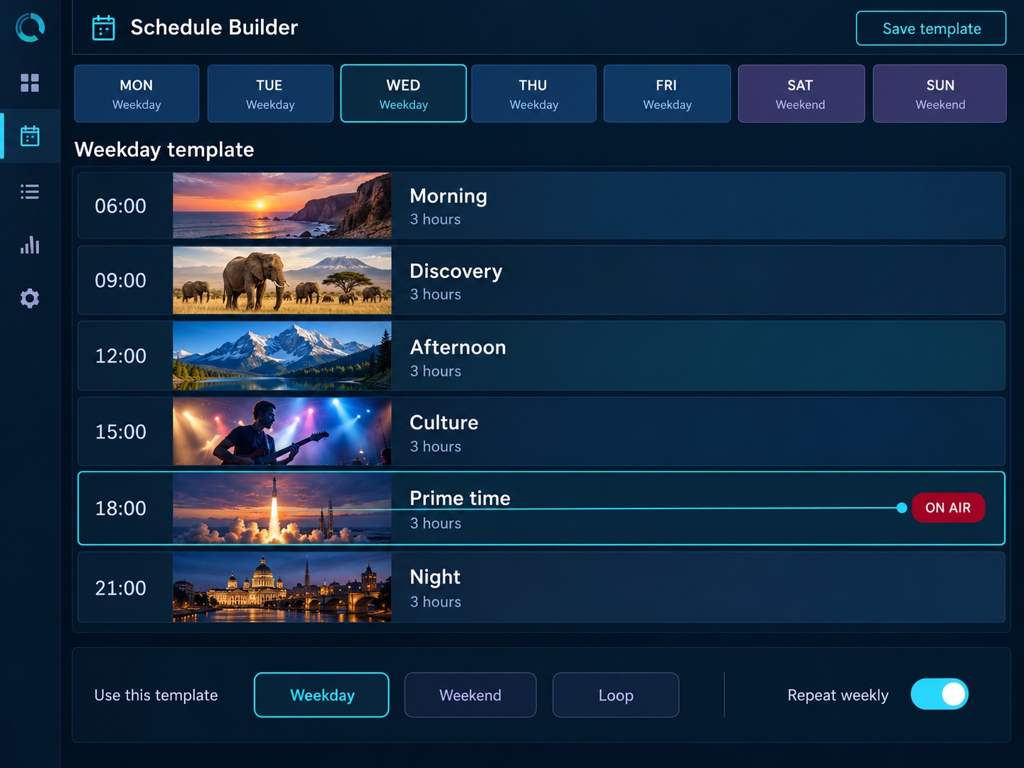Schedule Builder — reusable weekday and weekend day templates on a time-anchored grid