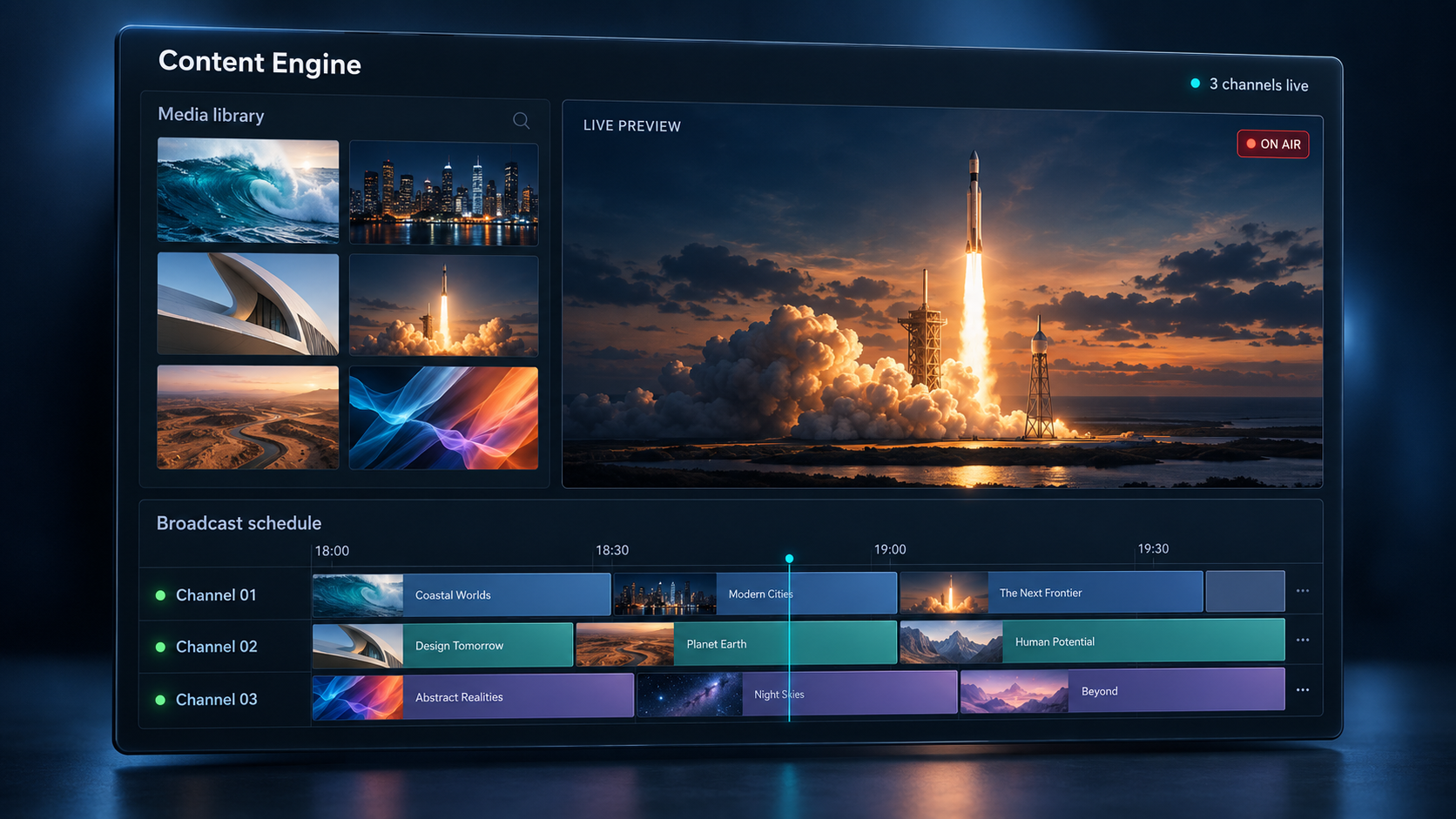 Content Engine dashboard — media library, live on-air preview, and multi-channel broadcast schedule